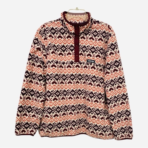 Lands End Heritage Quarter Snap Fleece Pullover Large Burgundy Orange Fair Isle - Picture 1 of 14